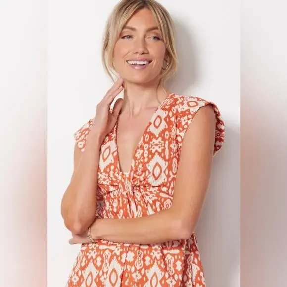 Evereve BB Dakota Emersyn Tiered Midi Dress XS Deep V-Neck Batik Cotton Spring - Picture 3 of 16